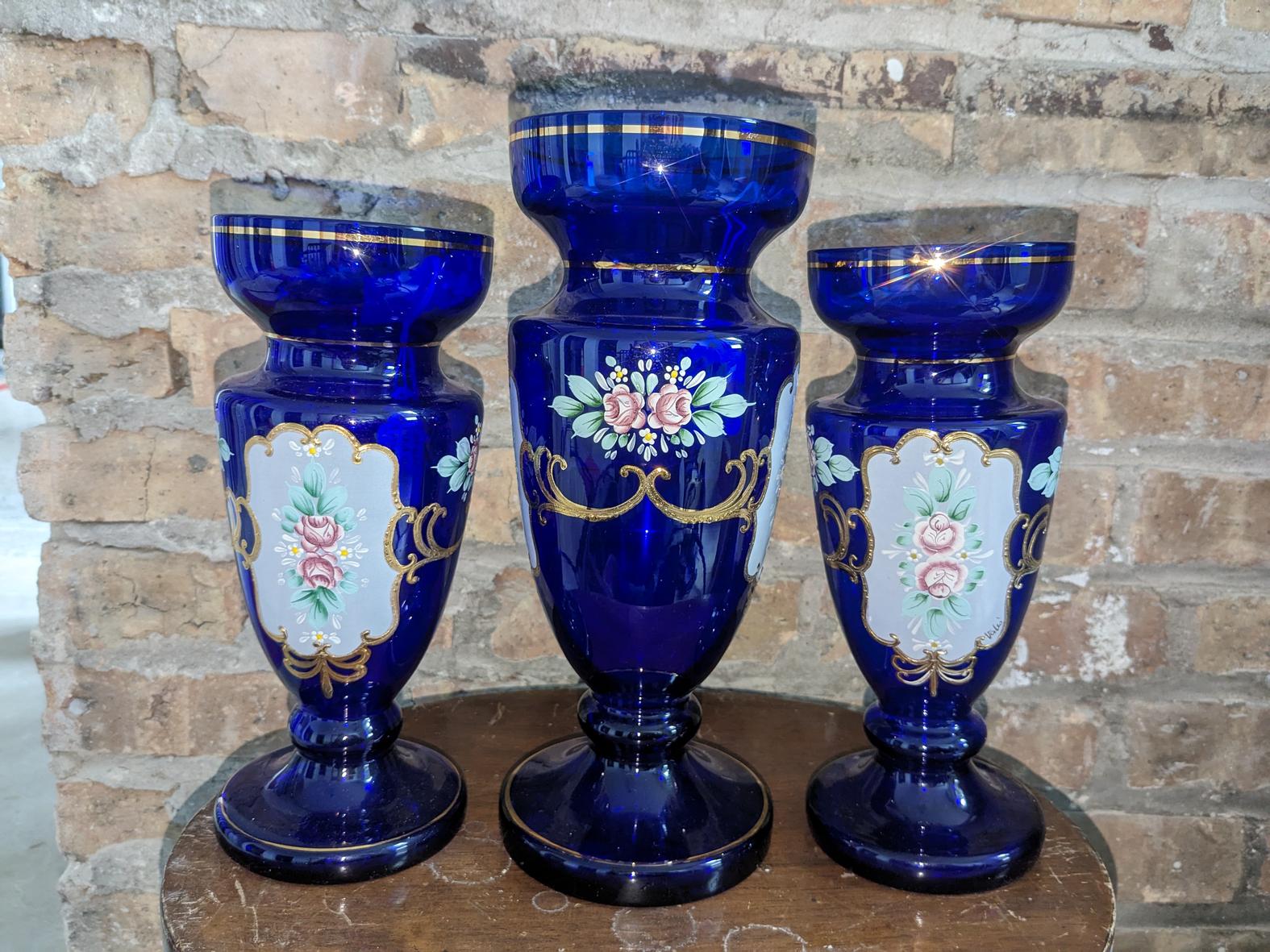Cobalt Hand Enameled Vases - Set of 3