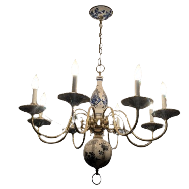 Delft Blue and White Porcelain and Brass Chandelier